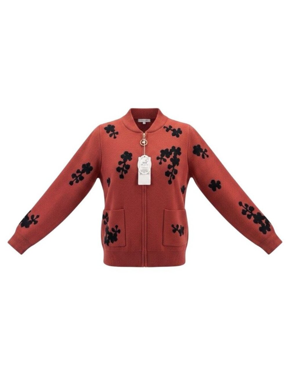 Womens Rust & Black Embroidered Pattern Knit Cardigan With Zipper & Pockets